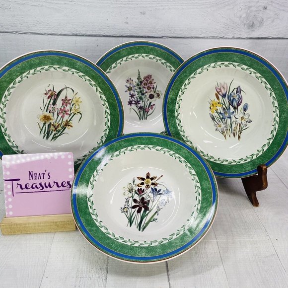 Smithsonian BOTANIC Jane Webb Loudon Floral Stoneware Rim Soup Pasta Bowls Set 4 - Picture 1 of 16
